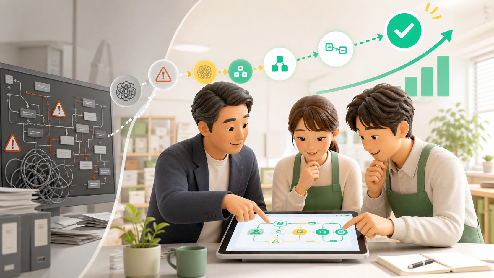 複雑で定着しないDXと、現場で改善しながら成功するDXの対比