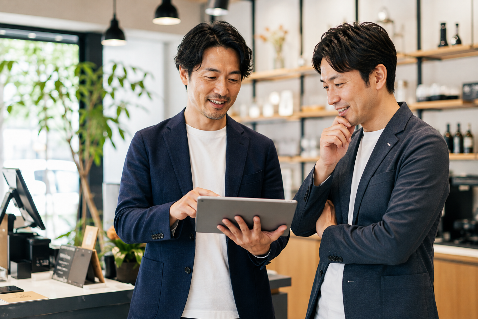店舗の業務効率化について、2代目・3代目社長がタブレットを使いながらDX導入や仕事の見直しを相談している様子。店舗DXによって予約管理・売上管理・在庫管理などを効率化し、少ない人数でも店舗を運営しやすくするイメージ。