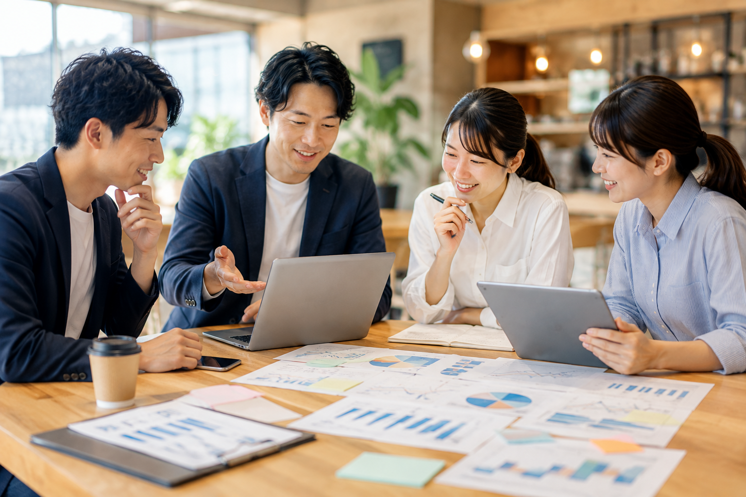 「店舗DX導入後の運用改善について、スタッフと支援担当者が一緒にデータや現場の状況を確認しながら、より使いやすい仕組みに改善している様子。業務効率化を導入だけで終わらせず、継続して伴走支援するイメージ。」